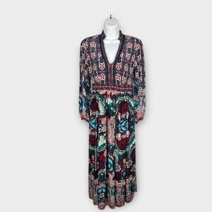 Anthropologie Bhanuni by Jyoti Patterned Maxi Dress Beaded Red Green Boho sz 2